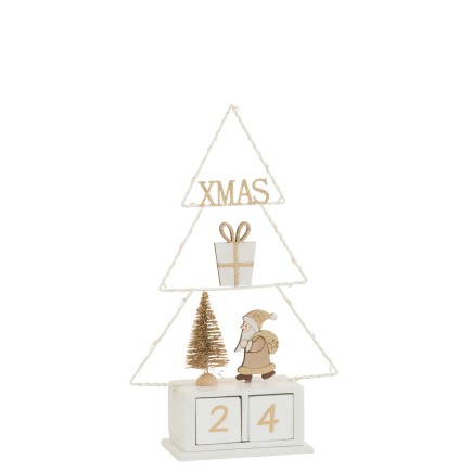 Sapin avec calendrier et led en bois blanc 19x7.5x31 cm