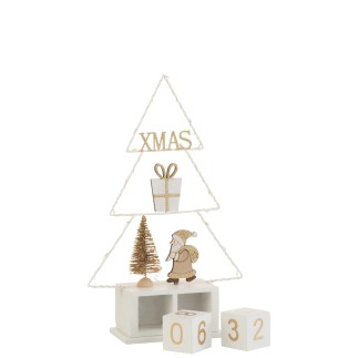 Albero di Natale con calendario e luci in legno bianco 31x18x7.5 cm