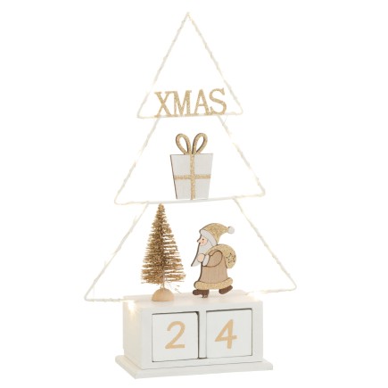 Sapin avec calendrier et led en bois blanc 31x18x7.5 cm