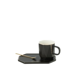 Taza con platillo y cuchara de cerámica negra 17.8*12.2*8cm