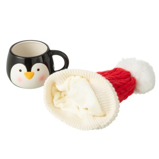 Taza pingüino con gorro en cerámica negra 16*13*26 cm