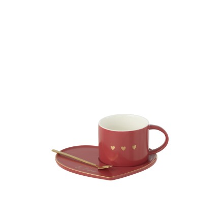 Taza+Platillo+Cuchara 3Corazón Cerámica Roja