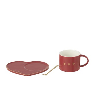 Taza+Platillo+Cuchara 3Corazón Cerámica Roja