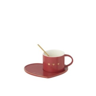 Taza+Platillo+Cuchara 3Corazón Cerámica Roja
