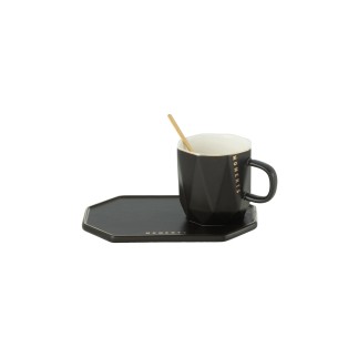 Taza con platillo y cuchara de cerámica negra 17.8*12.2*8cm