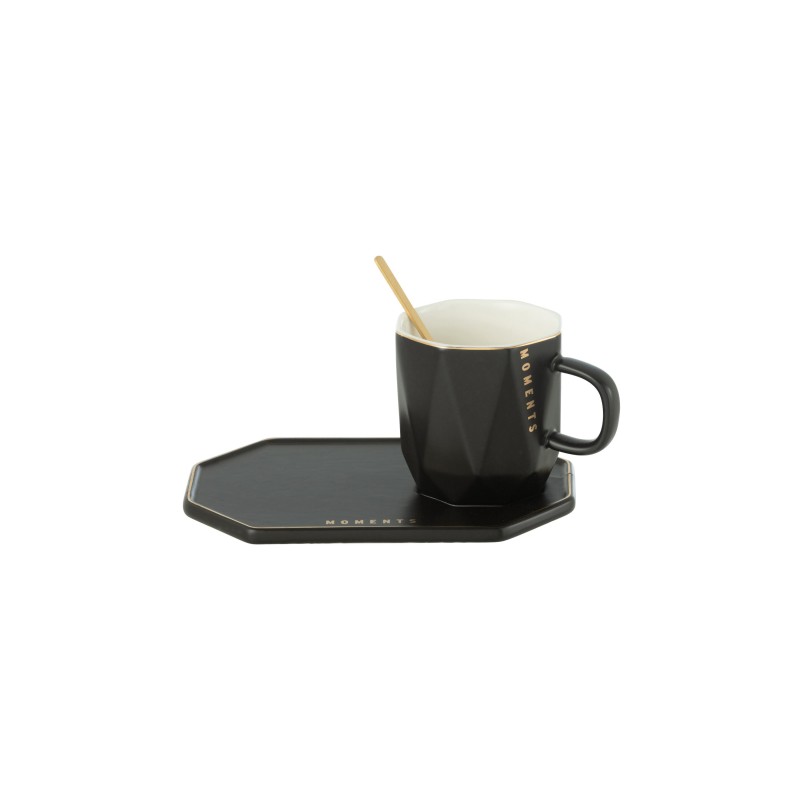 Taza con platillo y cuchara de cerámica negra 17.8*12.2*8cm
