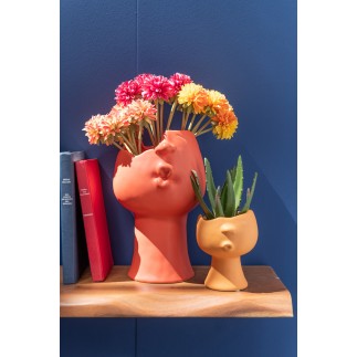 Vaso di fiori in ceramica arancione con volto 12x11x14,5 cm