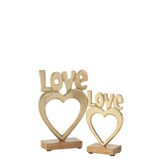 Coeur love sur socle bois en aluminium doré 14.5x5x21 cm