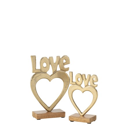Coeur love sur socle bois en aluminium doré 14.5x5x21 cm