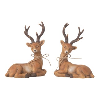 Lot de 2 cerfs allongés en céramique marron 13*10.5*15.5 cm