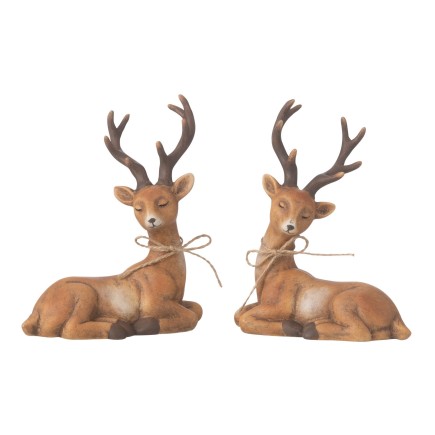 Lot de 2 cerfs allongés en céramique marron 13*10.5*15.5 cm