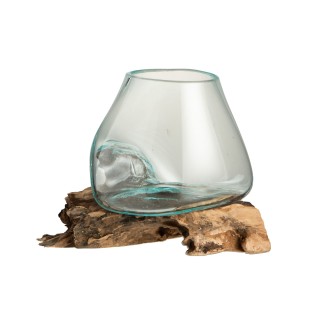 Vase en verre sur socle bois 20x16X20 cm