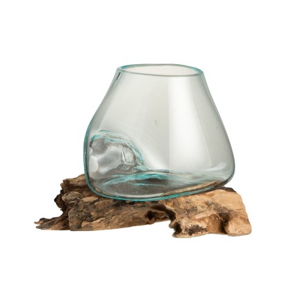 Vase en verre sur socle bois 20x16X20 cm
