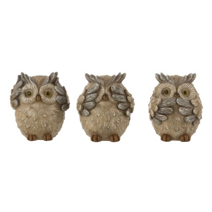 Hibou de la sagesse en résine gris 14x12x34 cm (Lot de 3)
