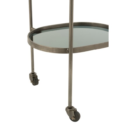 Carrito ovalado de 2 niveles de vidrio en metal gris 74x42x84cm
