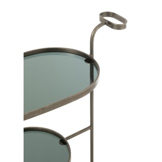 Carrito ovalado de 2 niveles de vidrio en metal gris 74x42x84cm
