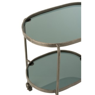 Carrito ovalado de 2 niveles de vidrio en metal gris 74x42x84cm