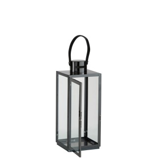 Farol cuadrado de cristal y acero negro 17x17x51 cm