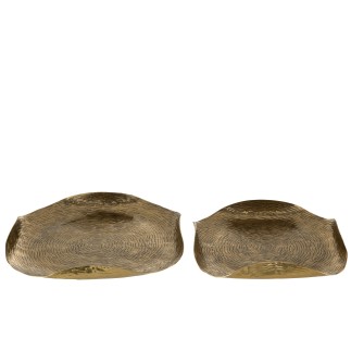 Set de 2 plateaux ronds à bords pliés en aluminium doré 37x37x5 cm