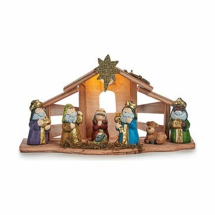 Belén de Navidad Luz LED Multicolor Madera Cerámica 30 x 16 x 9 cm (6 Unidades)