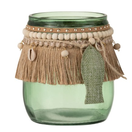 Conjunto de 2 portavelas de vidrio verde de 13x9.5x13 cm
