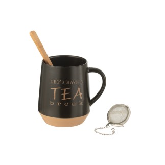 Taza de té de cerámica negra con cuchara y bola 15.3x11x23.8 cm