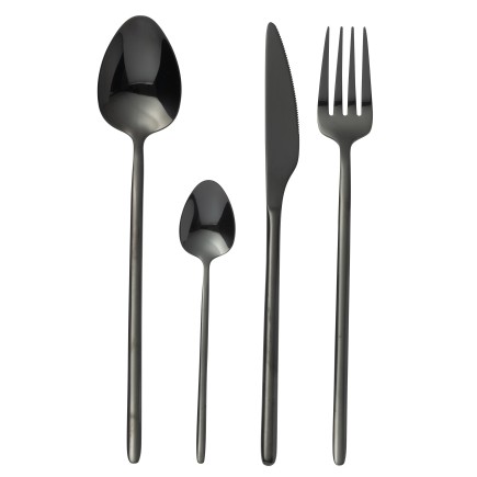 Juego de 24 cubiertos de acero inoxidable negro brillante.