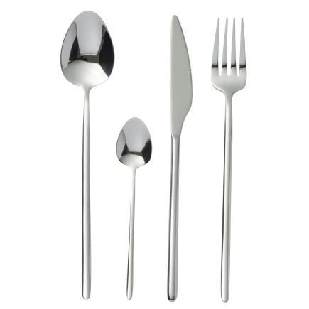 Juego de 24 cubiertos de acero inoxidable en plata brillante.