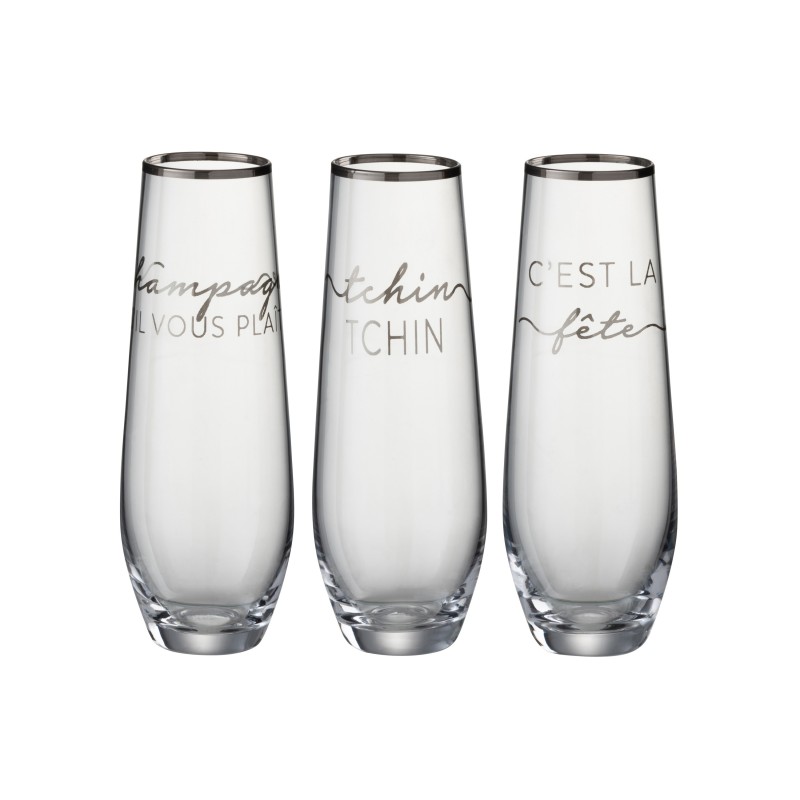 copia de Set de 3 vasos altos con texto plateado en vidrio transparente de 6x6x16 cm copia de Set de 3 vasos altos con texto plateado en vidrio transparente de 6x6x16 cm