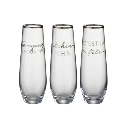 Set de 3 vasos altos con texto plateado en cristal transparente 6x6x16 cm