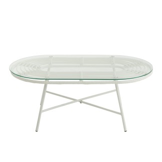 Mesa de centro exterior con tablero de vidrio y metal blanco de 90x50x36 cm