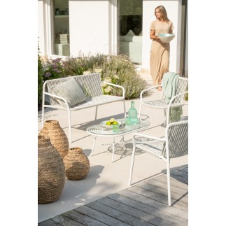 Mesa de centro exterior con tablero de vidrio y metal blanco de 90x50x36 cm
