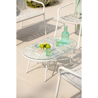 Mesa de centro exterior con tablero de vidrio y metal blanco de 90x50x36 cm