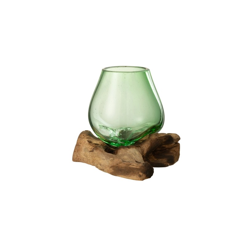 Vase sur pied bois en verre recyclé vert 13x13x17 cm