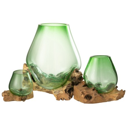 Vase sur pied bois en verre recyclé vert 29x27x33 cm