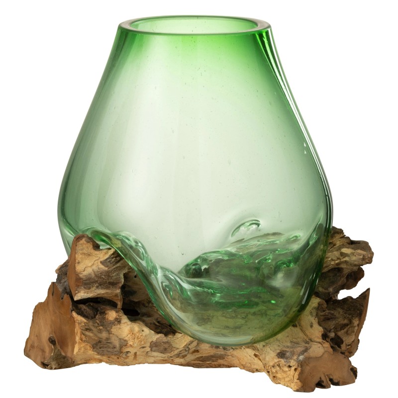 Vaso in vetro riciclato verde con base in legno 29x27x33 cm