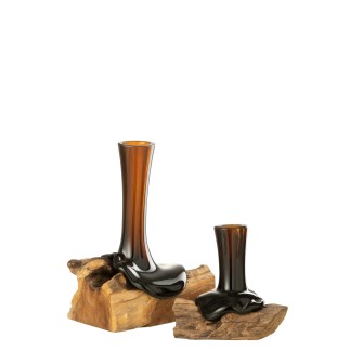 Jarrón sobre base de madera en vidrio reciclado marrón 25x20x29 cm