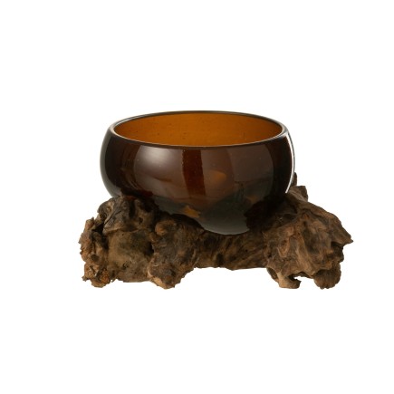 Vase sur pied bois en verre recyclé marron 14x14x9 cm