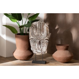Statuette masque sur pied en bois d’albasia beige 39x14x80 cm