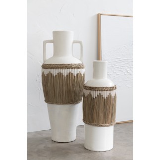 Vase motifs et anses en poterie blanc 43x43x100 cm