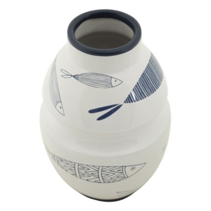 Vaso com motivo de peixe em cerâmica branca, 15 x 24 cm
