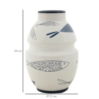 Vaso com motivo de peixe em cerâmica branca, 15 x 24 cm