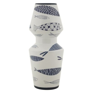 Vaso com motivo de peixe em cerâmica branca, 14 x 34 cm