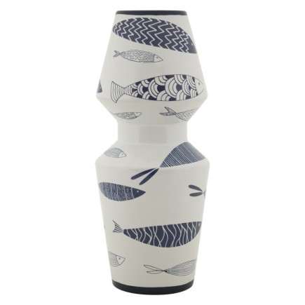 Vaso com motivo de peixe em cerâmica branca, 14 x 34 cm
