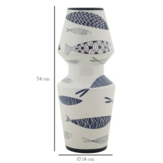 Vaso com motivo de peixe em cerâmica branca, 14 x 34 cm