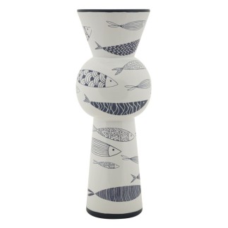 Vaso com motivo de peixe em cerâmica branca, 14 x 38,5 cm