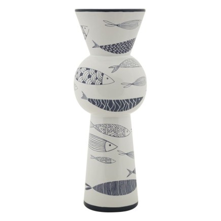 Vaso com motivo de peixe em cerâmica branca, 14 x 38,5 cm