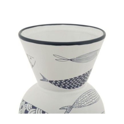 Vaso com motivo de peixe em cerâmica branca, 14 x 38,5 cm