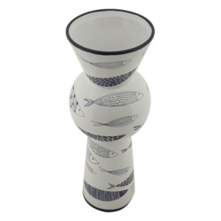 Vaso com motivo de peixe em cerâmica branca, 14 x 38,5 cm