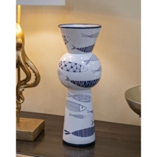 Vaso com motivo de peixe em cerâmica branca, 14 x 38,5 cm